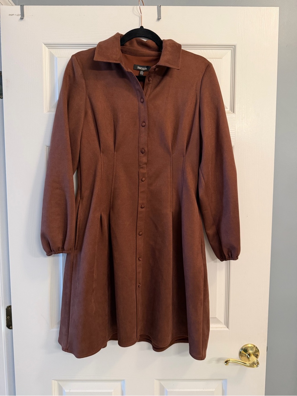 Kensie Long-Sleeve Button-Front Dress in Rust Brown - Faux Suede